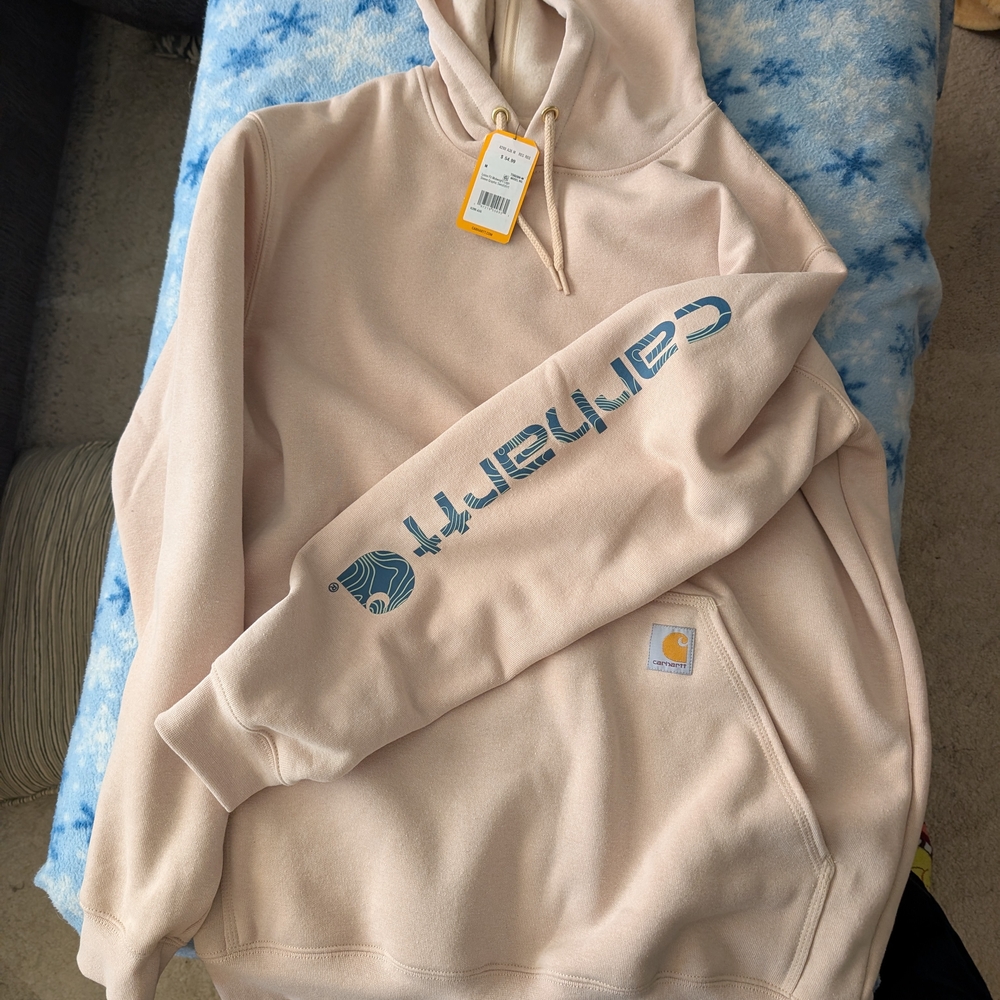 Carhartt Men's Beige Hoodie with Blue Logo